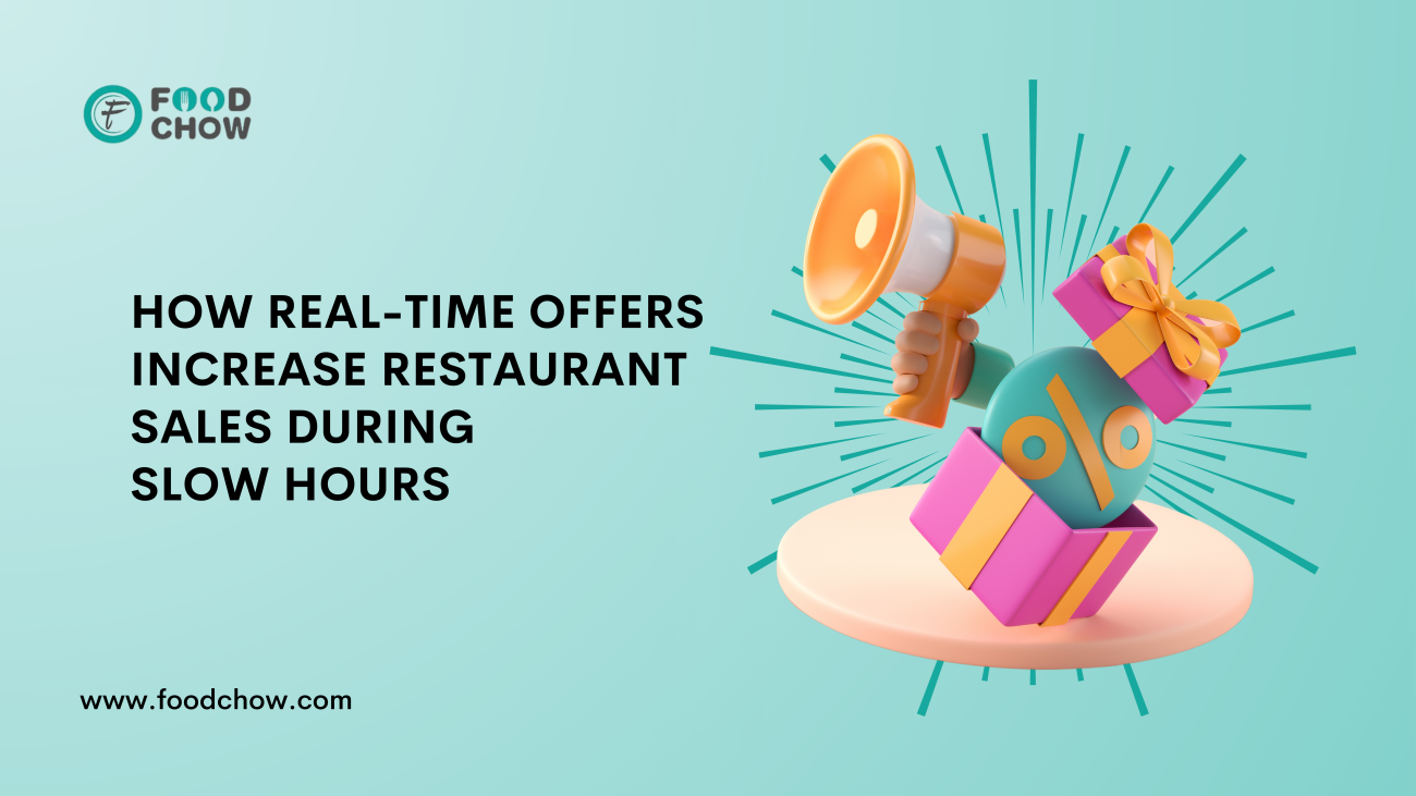 Icons representing real-time offers, discounts, and promotions for restaurants, with the blog title 'How Real-Time Offers Increase Restaurant Sales During Slow Hours’.