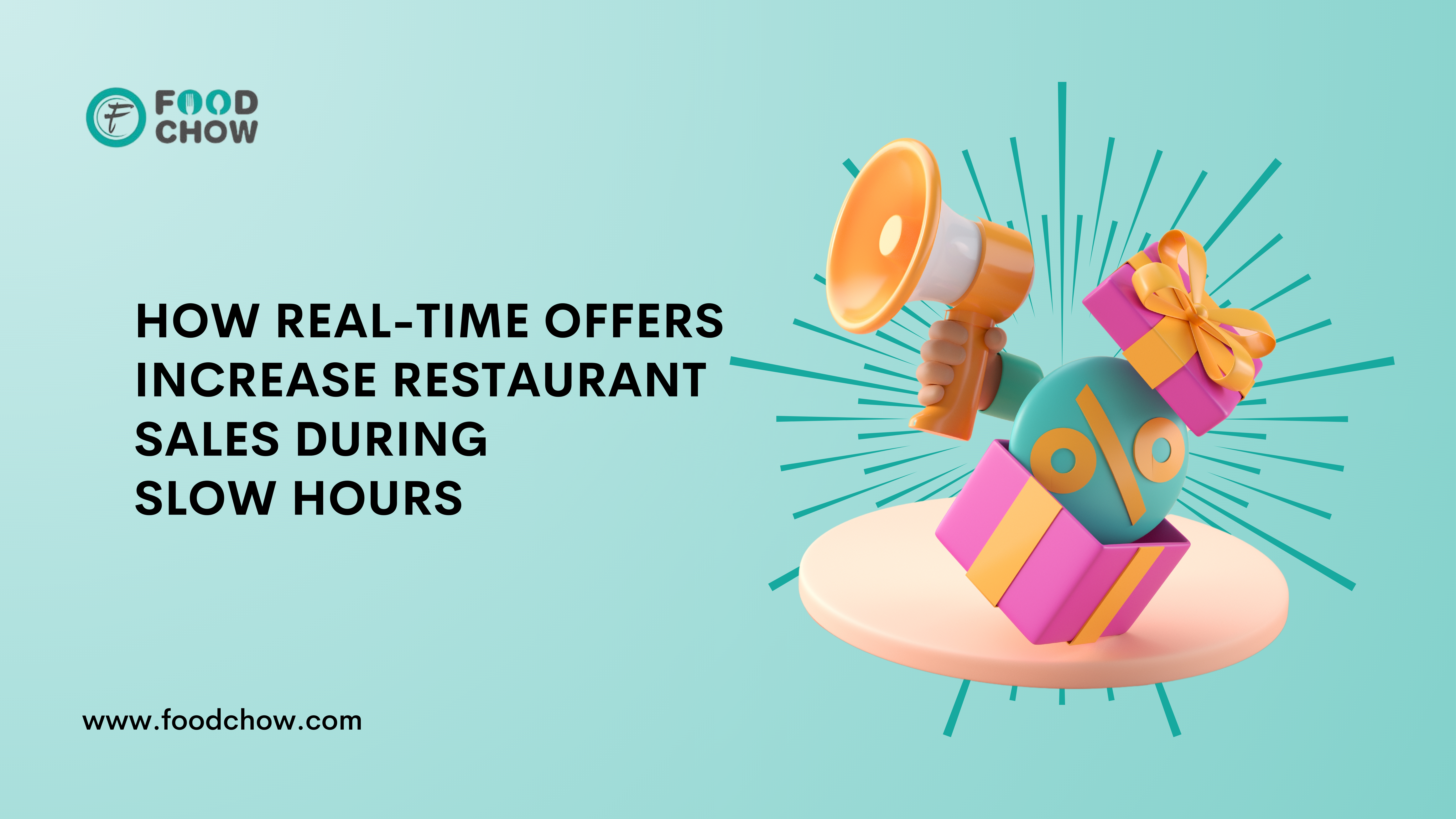 Icons representing real-time offers, discounts, and promotions for restaurants, with the blog title 'How Real-Time Offers Increase Restaurant Sales During Slow Hours’.